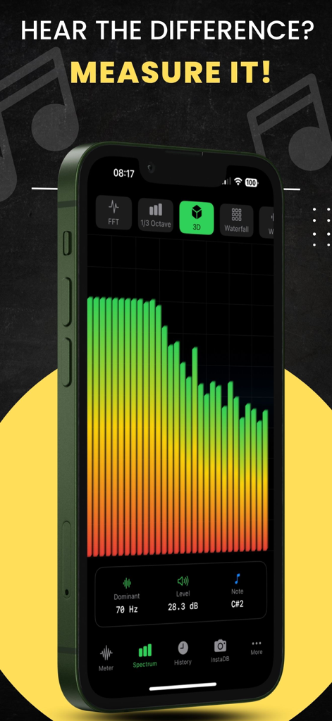 Decibel X PRO app interface displaying a 3D sound frequency spectrum analyzer with decibel levels