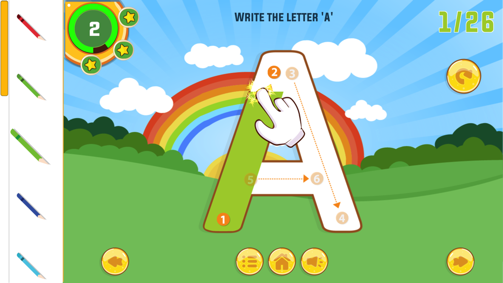 Interface of ABC Kids app showing uppercase letter A tracing with guiding hand and rainbow background