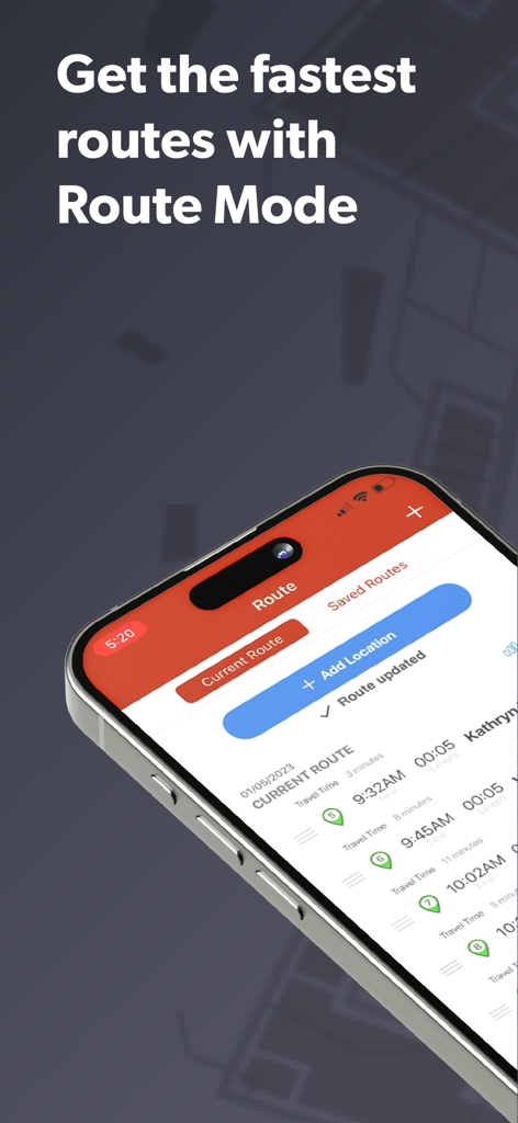 Interfaccia dell'app Badger Maps che mostra la modalità itinerario con fermate ottimizzate per le vendite sul campo
