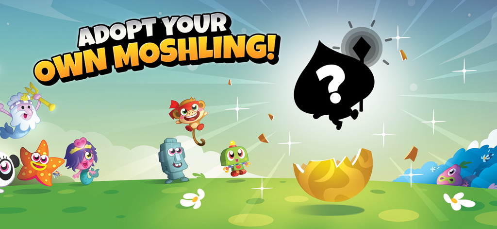 Moshi Monsters Egg Hunt - Mystery Moshling character silhouette hatching from a golden egg with other colorful Moshi Monsters in the background