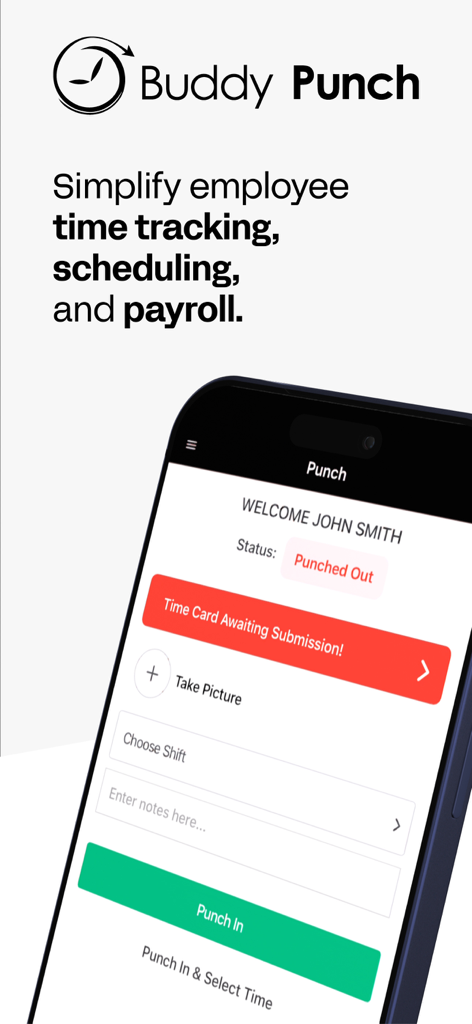 Buddy Punch - Buddy Punch mobile app interface showing employee time tracking and punch in screen
