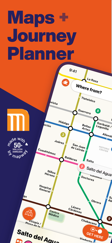 Interfaz de la app Mapa del Metro de la Ciudad de México que muestra líneas de transporte y planificación de viajes