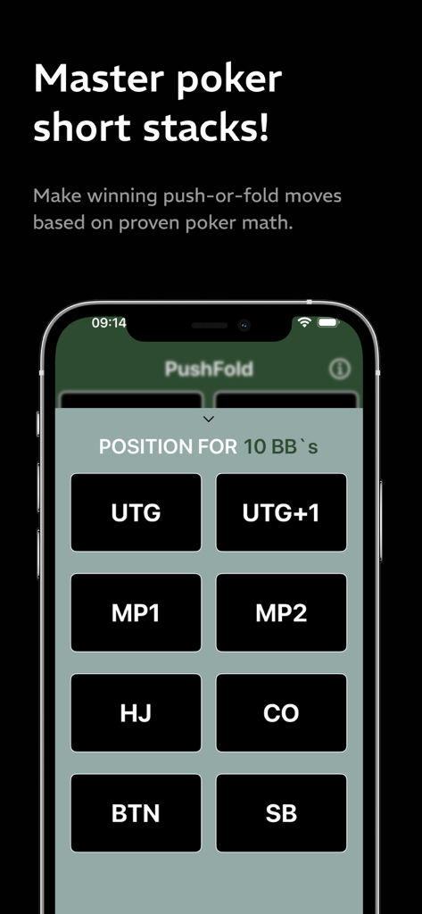 Oberfläche der PushFold Poker App, die Tischpositionen für eine Zehn-Big-Blind-Short-Stack-Strategie anzeigt
