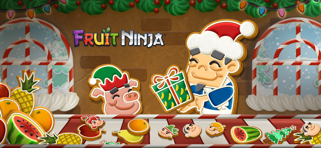 Fruit Ninja Christmas theme featuring Sensei and a pig as gingerbread cookies with festive holiday decorations