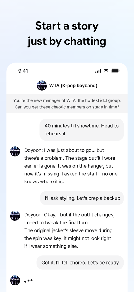 Carat - Create Anything - Mobile app screen showing an AI-powered storytelling chat interface for creating interactive narratives