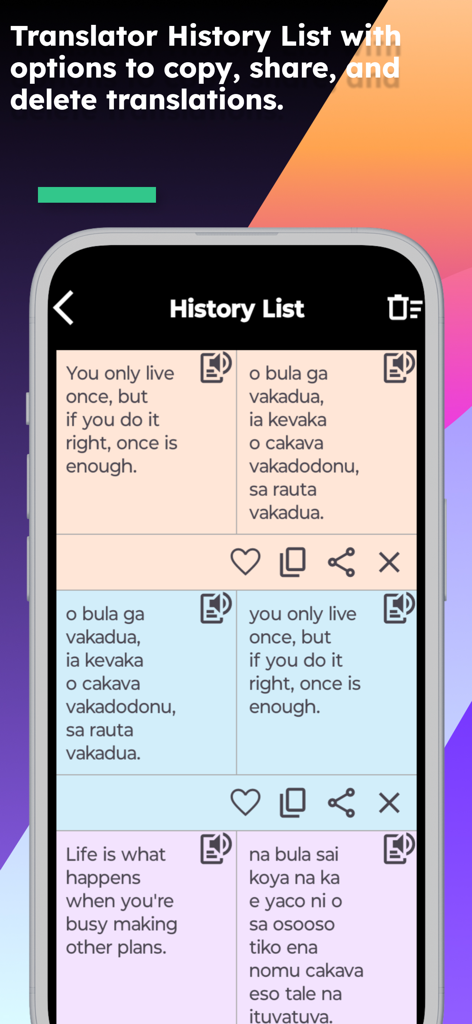 English Fijian Translator - Translation history list in the English Fijian Translator app
