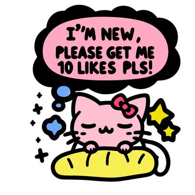 kitty taking a nap dream talking and saying "i'm new, please get me at least 10 likes pls!!"