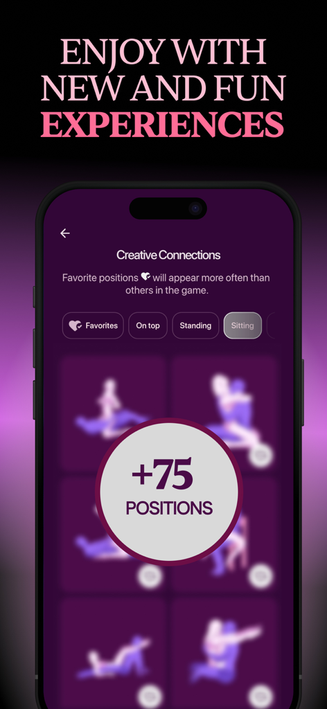 Pantalla de la app Fuego que muestra una biblioteca de más de setenta y cinco posiciones de intimidad para parejas