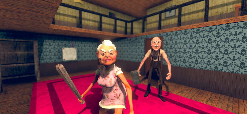 Creepy Elders: House Escape - Two creepy elderly characters holding a bat and a hammer inside a haunted mansion room
