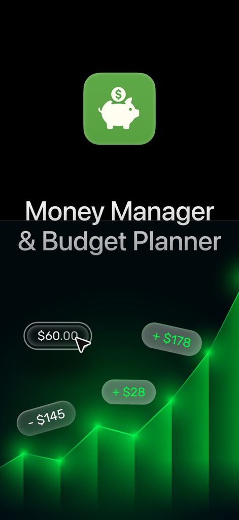Pantalla de inicio de la aplicación Money Manager y Budget Planner con un icono de hucha y un gráfico de crecimiento