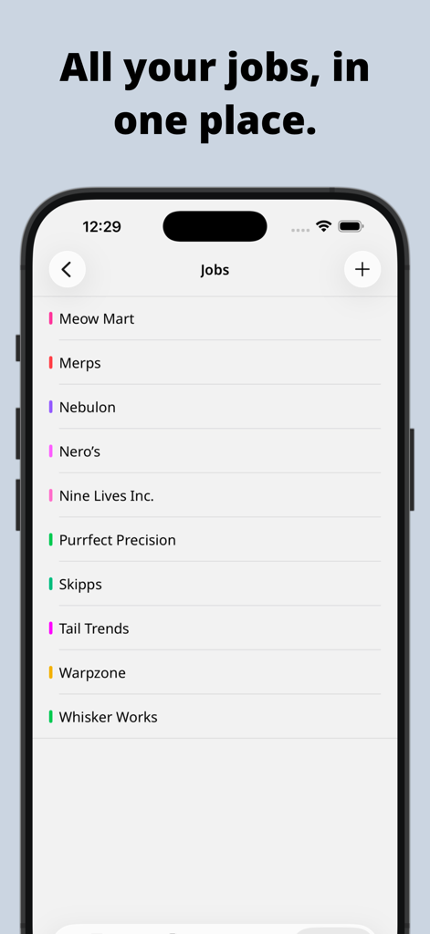 スマートフォンの画面。Clock In労働時間トラッカーアプリのインターフェース内で、複数のカラーコーディングされたジョブのリストを表示。