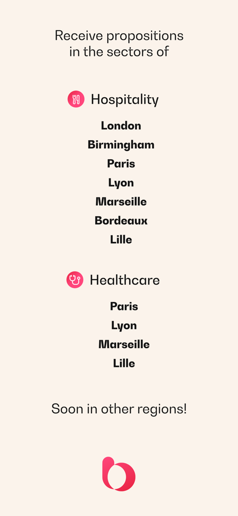 Brigad app screen showing available job sectors in hospitality and healthcare across various cities