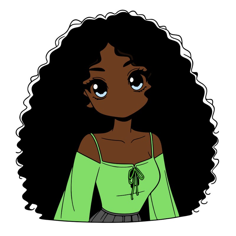 a black anime girl with long afro hair