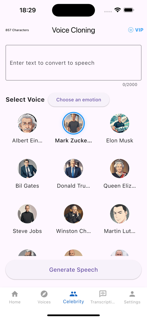 Interfaz de texto a voz en la aplicación Clonación de Voz con una selección de voces de celebridades como Elon Musk y Mark Zuckerberg