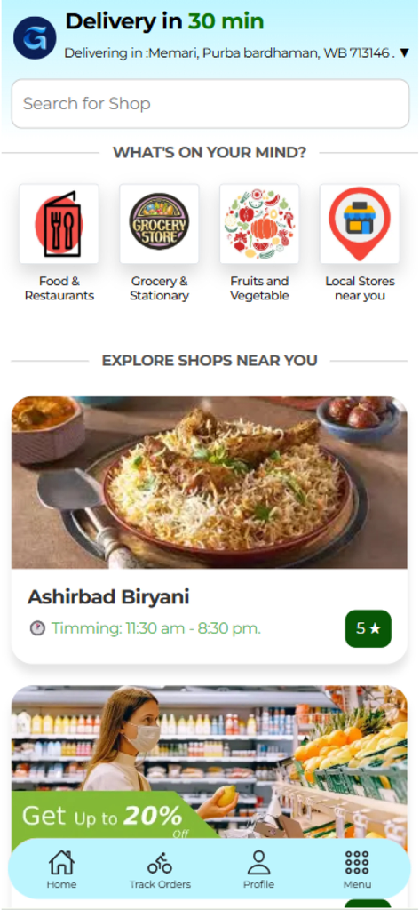 Golly - Delivery app - Golly 앱 홈 화면에는 음식 및 식료품 배달 카테고리와 동네 상점 목록이 표시됩니다.
