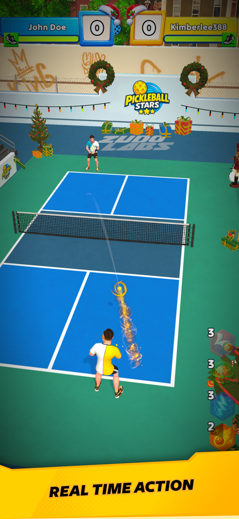Pickleball Stars - 축제 분위기의 크리스마스 테마 3D 코트에서 실시간 피클볼 경기 게임 플레이