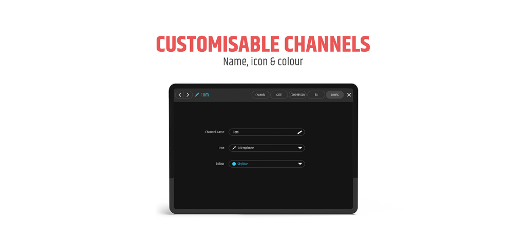 MAUI MIX - MAUI MIX app interface showing channel customization options for name icon and colour