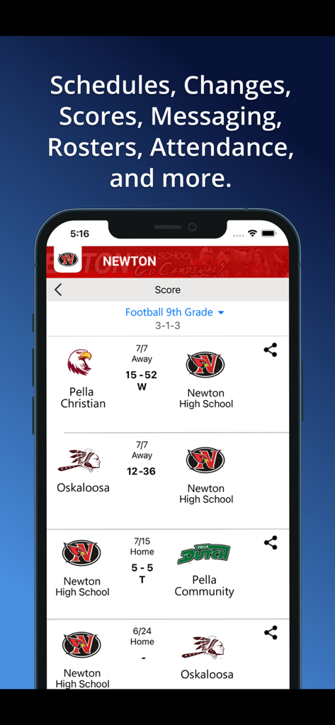 Activity Scheduler - Activity Scheduler mobile app screen displaying high school football game scores and team results