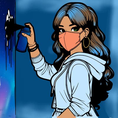 realistic girl with mask spray painting a wall