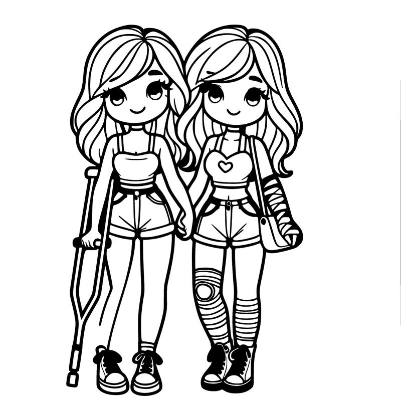 girl with her best friend whearing a crop top and shorts and crutches and cast