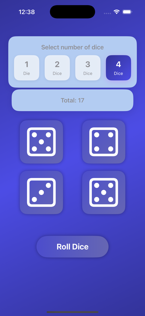 Pantalla de la aplicación Lanzamiento de Dados que muestra cuatro dados lanzados con una puntuación total de diecisiete