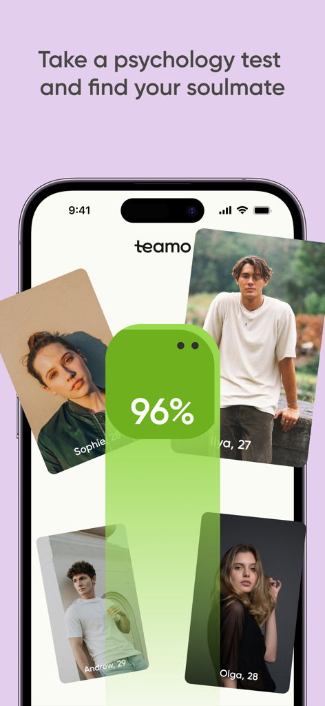 Teamo — Russian Dating Nearby - Teamo Dating-App zeigt Benutzerprofile und eine Kompatibilitätsbewertung von neunundneunzig Prozent basierend auf einem psychologischen Test