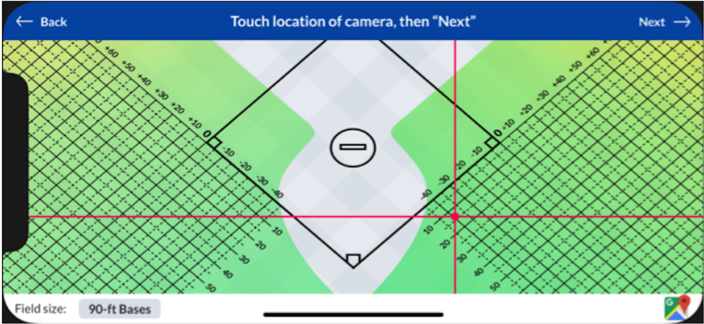 Calibration screen in SmartPitch app showing a baseball field diagram with crosshairs to set the camera position