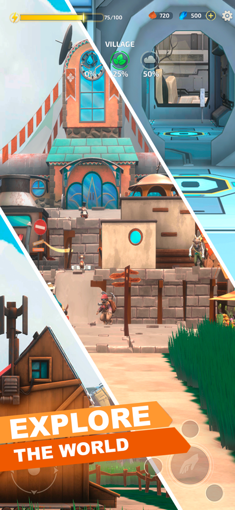 Ecotopia: Farm & craft game - A collage showing different game environments in Ecotopia including a village and a futuristic lab with the text Explore the World.