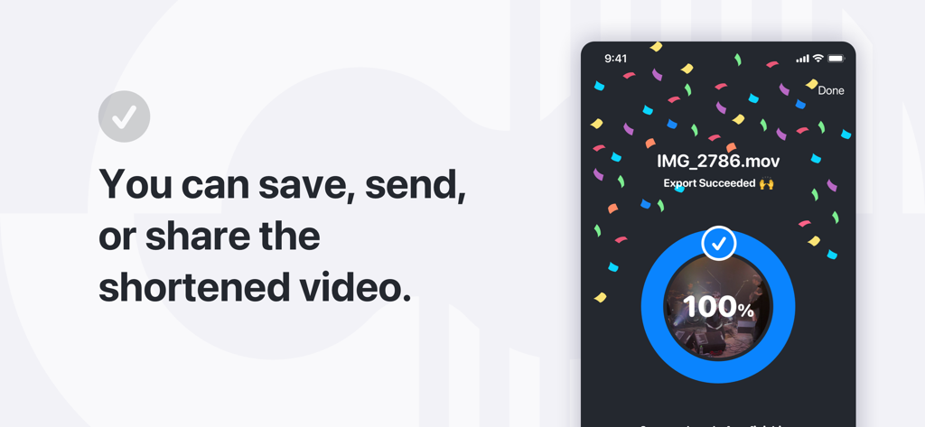 Chopper: Video/Audio Shortener - Chopper app screen showing a successful 100 percent video export with confetti and options to save or share.