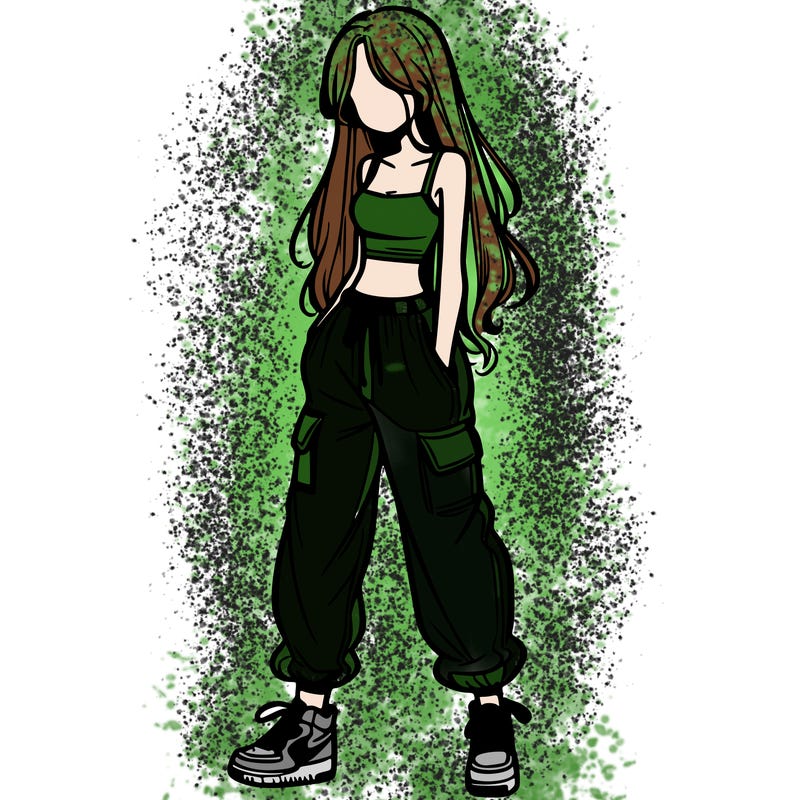 girl in baggy pants crop top and long hair