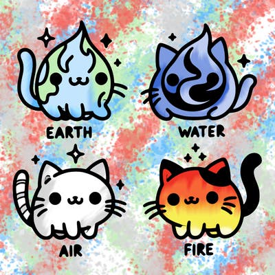 4 cats that represent the different elements, earth, water, air, and fire