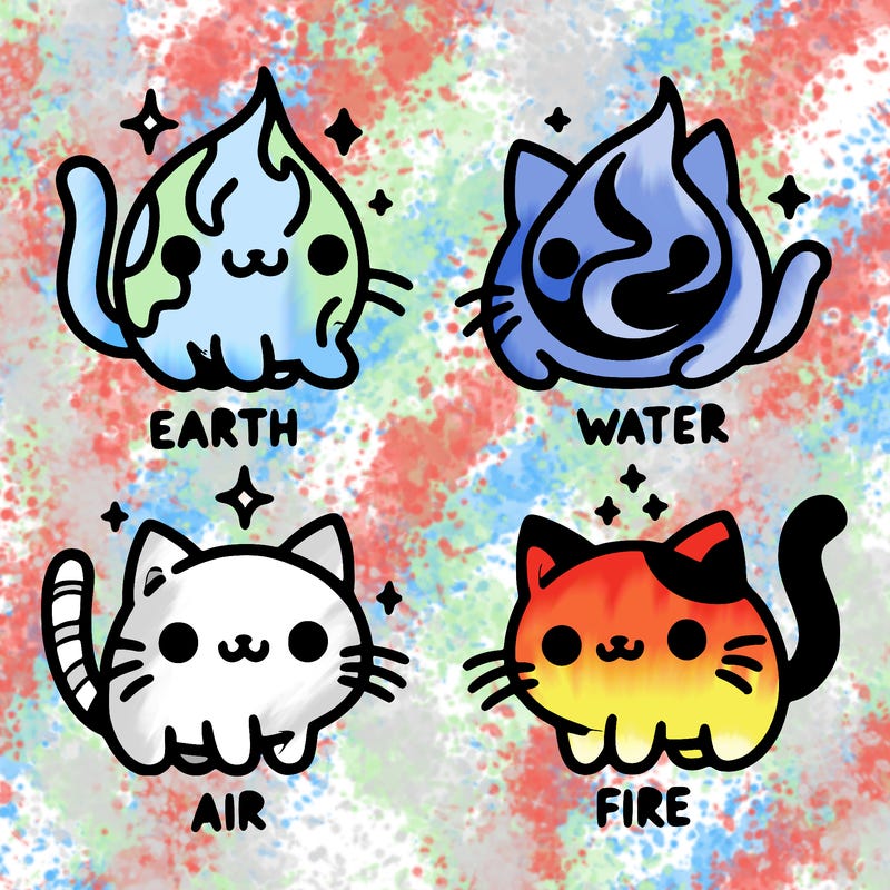 4 cats that represent the different elements, earth, water, air, and fire