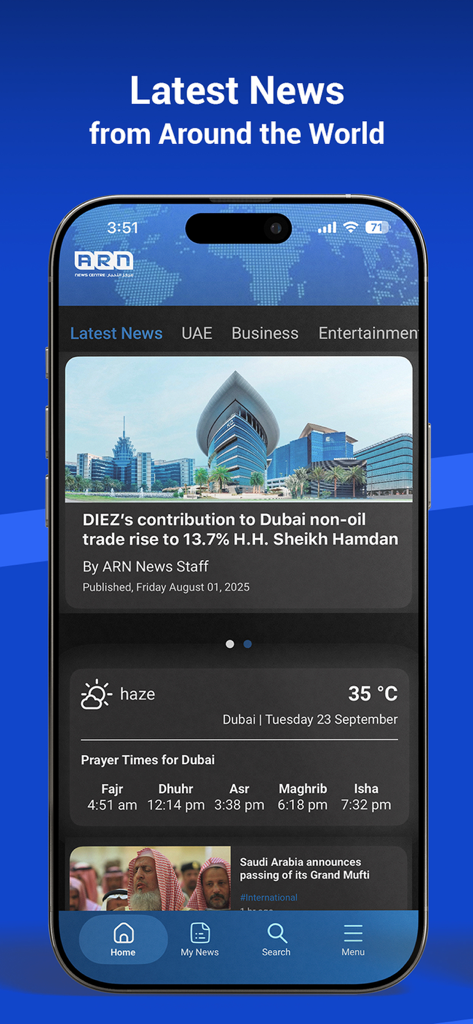 ARN News Centre - ARN News Centre app home screen displaying the latest news from Dubai including business updates weather and prayer times