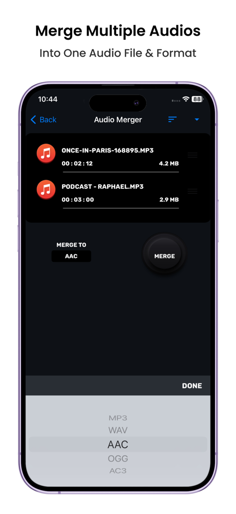 Mobile app interface showing how to merge multiple audio files into a single format
