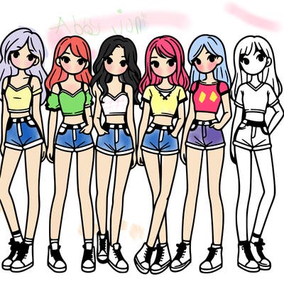a group of girls wearing crop tops and shorts