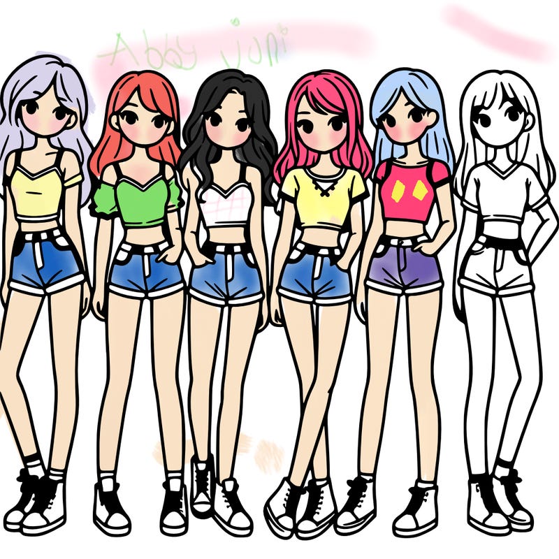 a group of girls wearing crop tops and shorts