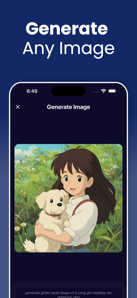 Captura de tela do aplicativo Omni AI mostrando o recurso de geração de imagem com uma ilustração no estilo Studio Ghibli de uma garota e um cachorro