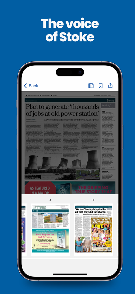 Ein Smartphone, das eine digitale Nachbildung der Stoke Sentinel Zeitung mit Artikeln und Schlagzeilen zu lokalen Nachrichten anzeigt.