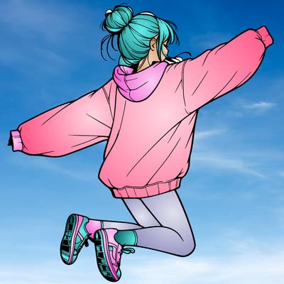 realistic girl jumping with a bun and oversized sweatshirt