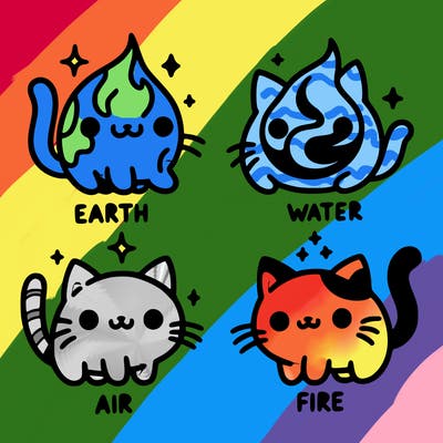 4 cats that represent the different elements, earth, water, air, and fire