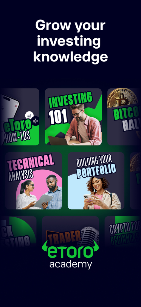 eToro: Investing made social - eToro Academy screen displaying educational tiles for investing tutorials including investing 101 and technical analysis