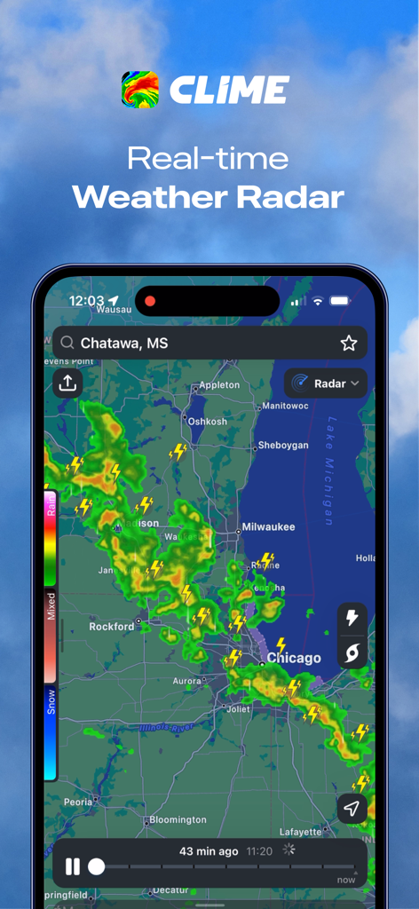 Clime mobile app showing real-time weather radar and lightning tracking map over Chicago