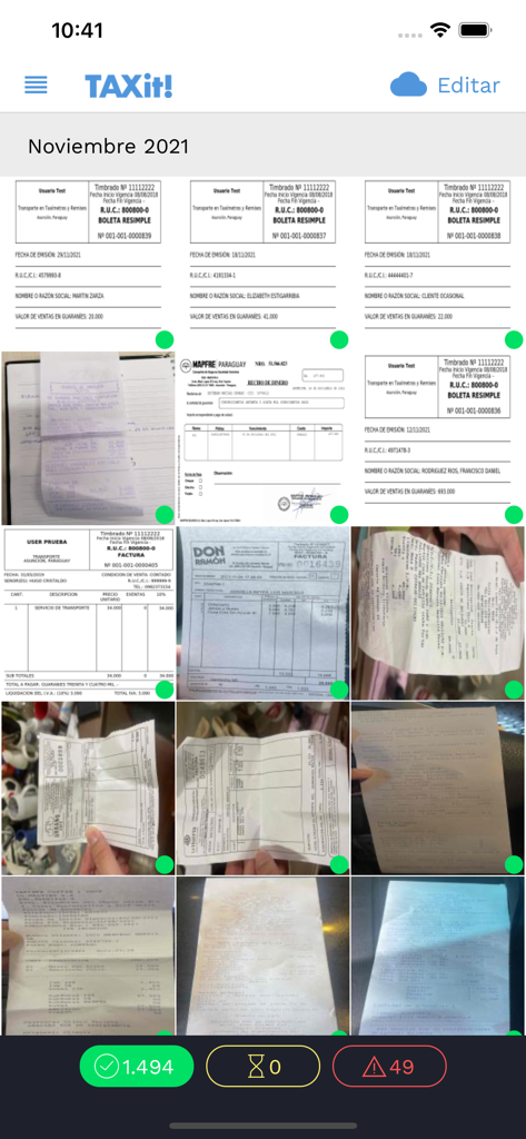 TAXit! - TAXit app interface showing a gallery of scanned receipts and tax invoices for monthly expense tracking