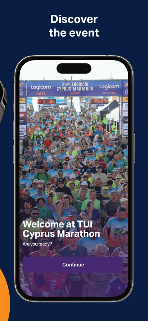 TUI Cyprus Marathon - Pantalla de bienvenida de la aplicación móvil TUI Cyprus Marathon mostrando la salida de la carrera