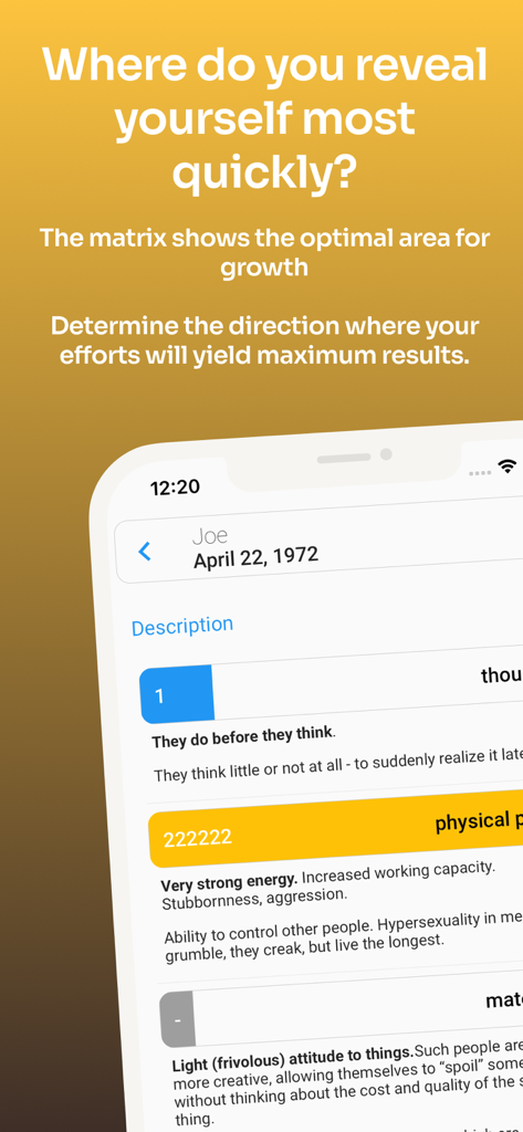 Numerology AI: Only Birthdate - Numerology AI app interface displaying a personality matrix and growth analysis for a user profile