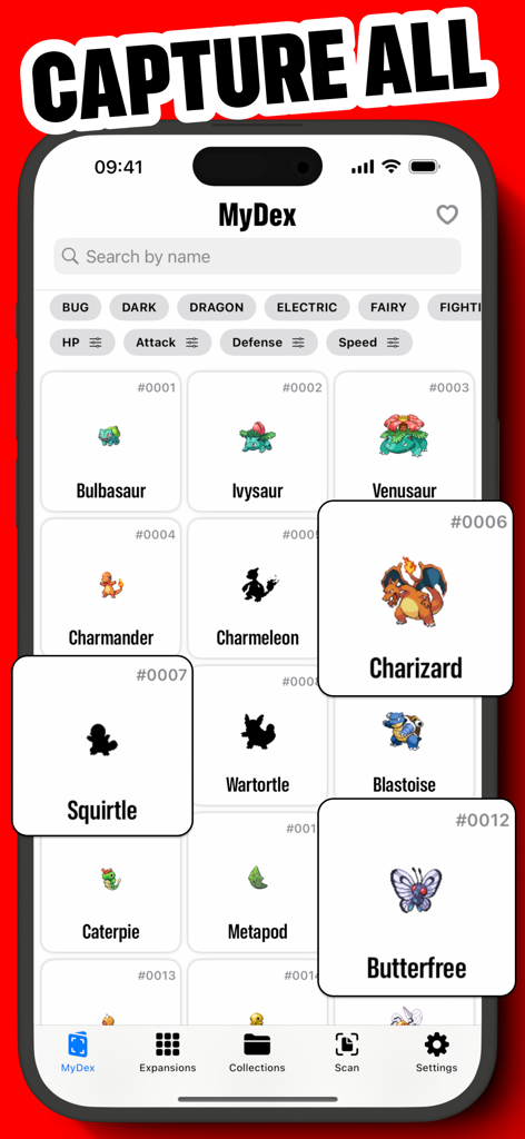 MyDex TCG Cards - MyDex app screen showing a grid of Pokemon cards in a digital collection tracker with filters and search functionality.