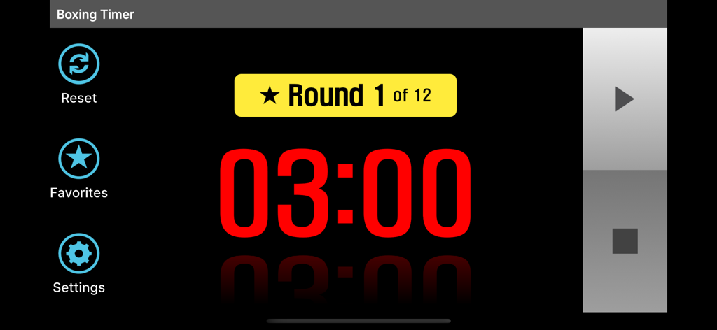 Interface do aplicativo Boxing Timer mostrando três minutos para o round um com grandes dígitos vermelhos e navegação lateral.