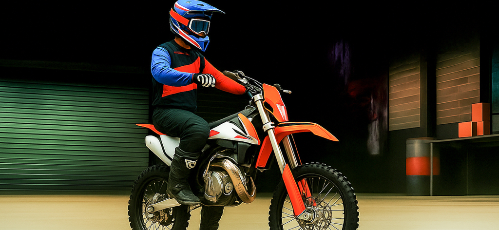 Wheelie Bike Life Rider Games - A motocross rider in a blue and red helmet sitting on an orange dirt bike in an urban garage setting.