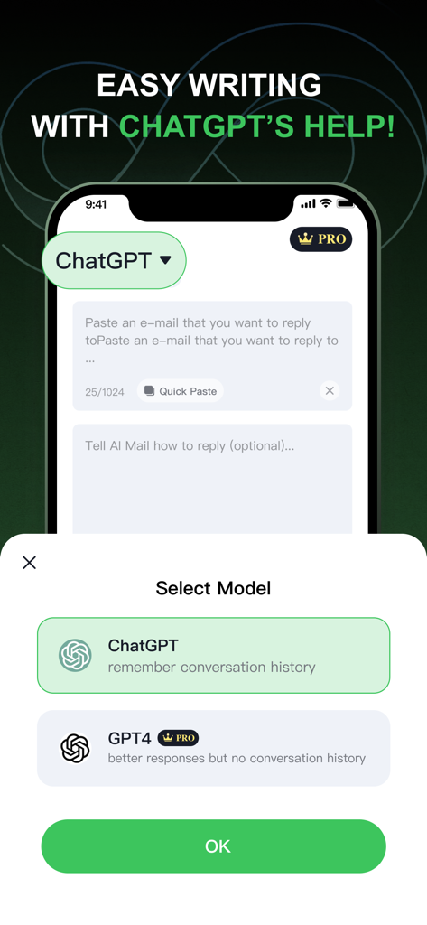 AI Email: AI Writer Assistant - AI Emailアプリのインターフェースで、ライティングアシスタントのためにChatGPTとGPT4モデルのいずれかを選択するオプションが表示されています。