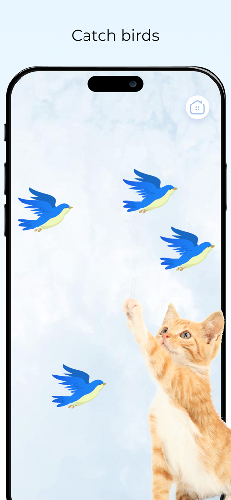 Games for Cats Cat Toy – Meow - A ginger kitten playing a mobile game on a phone where it catches flying blue birds on the screen.